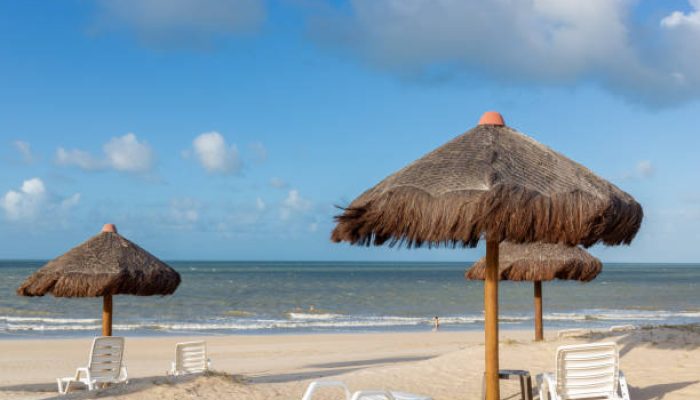 Straw kiosks on a beach in Brazil on a bright sunny day with blue skies