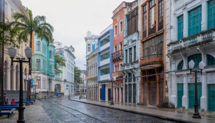 Recife, Pernambuco, Brazil - September 07, 2022:Famous street with colonial style buildings in Recife downtown.