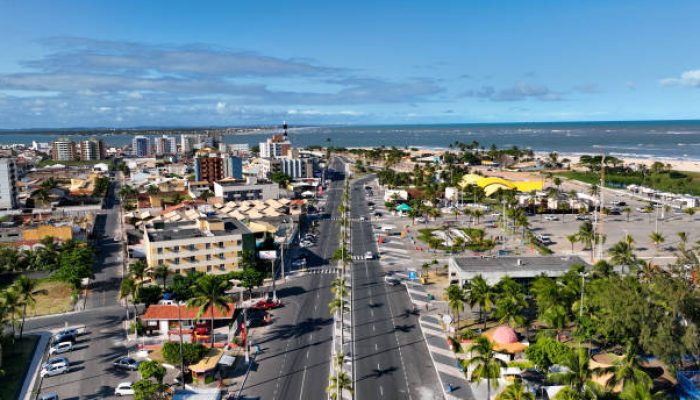 Aracaju Sergipe. Aracaju Brazil. Panning wide cityscape of Atalaia Edge at Aracaju capital city of Sergipe at Brazil. Travel destination. Tropical scenery. Brazil Northeast. Downtown aerial cityscape