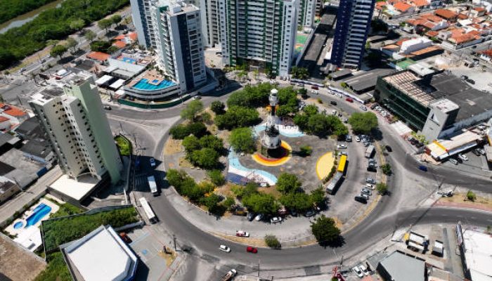 Aracaju Sergipe. Aracaju Brazil. Panning wide cityscape of Old Lighthouse Roundabout at Aracaju capital city of Sergipe at Brazil. Aerial urban lighthouse downtown cityscape.